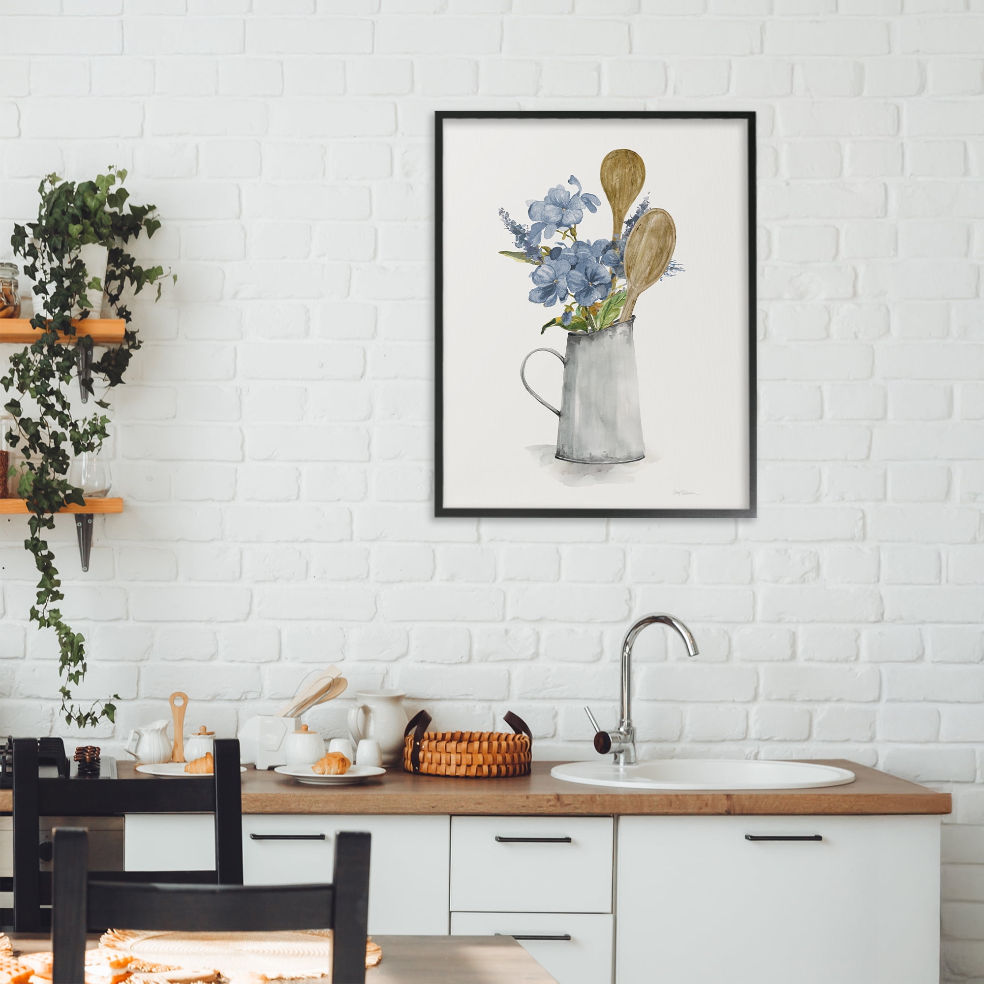 Stupell Industries Kitchen Spoons & Blue Blooms Black Framed Giclee Art, design by Carol Robinson