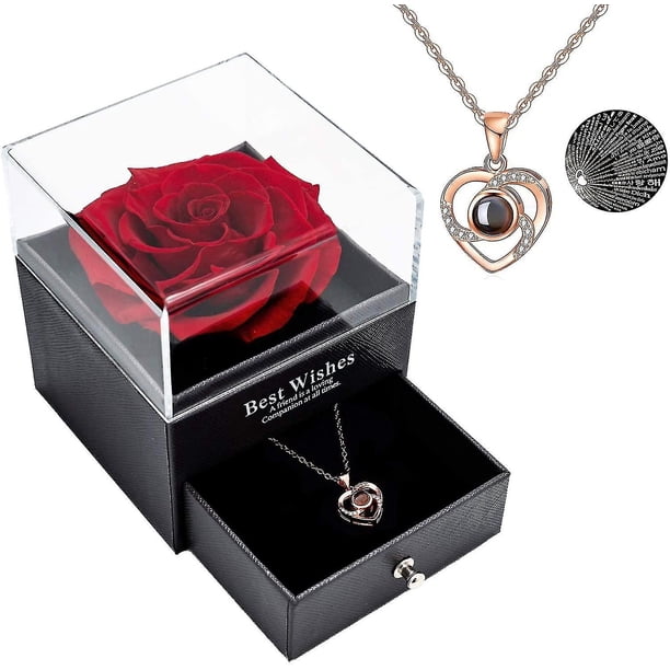 Collar de rosa real preservada con te amo en 100 idiomas, juego de regalo, rosa real encantada para el día de San Valentín, aniversario, boda, cumpleaños, romance