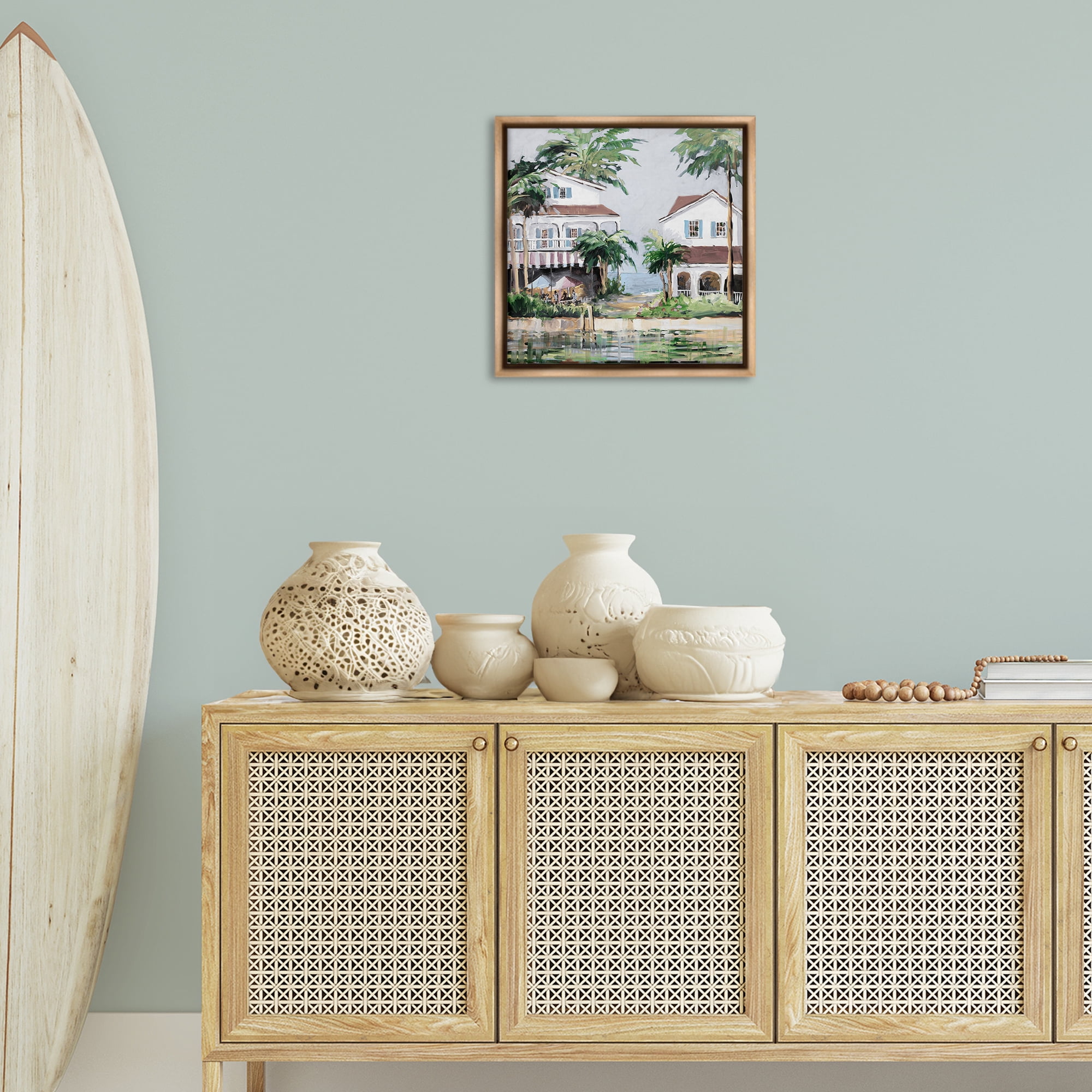 Stupell Industries Coastal Bay Cottages Coastal Painting Brown Floater Framed Canvas Art Print Wall Art, 18 x 18