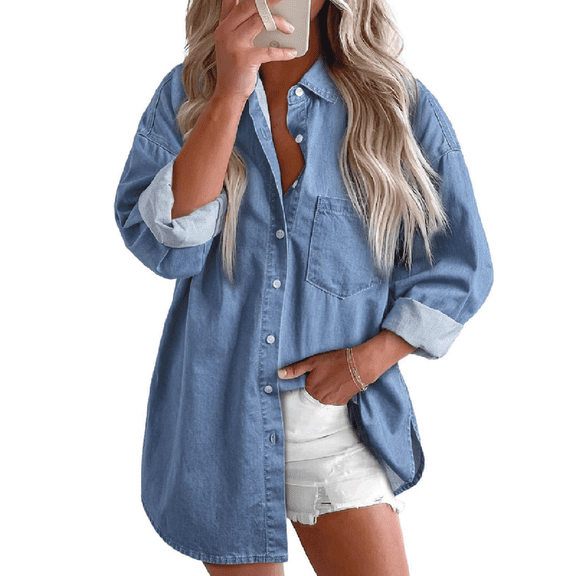 Women Long Sleeve Denim Shirts Button Down Casual Tops