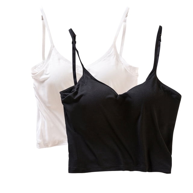 Timegard Tank Top for Women 2pc V Neck Adjustable Spaghetti Strap Cropped Slim Comfy Camis with Bras