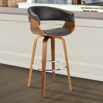Armen Living Julyssa 30" Mid-Century Swivel Bar Height Barstool in Brown Faux Leather/Walnut Wood
