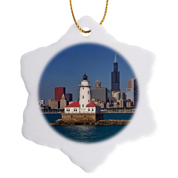 3drose, Passing by Chicago Harbor Lighthouse - Us14 Jre0021 - Joe Restuccia Iii, 3 inch Snowflake Porcelain Ornament