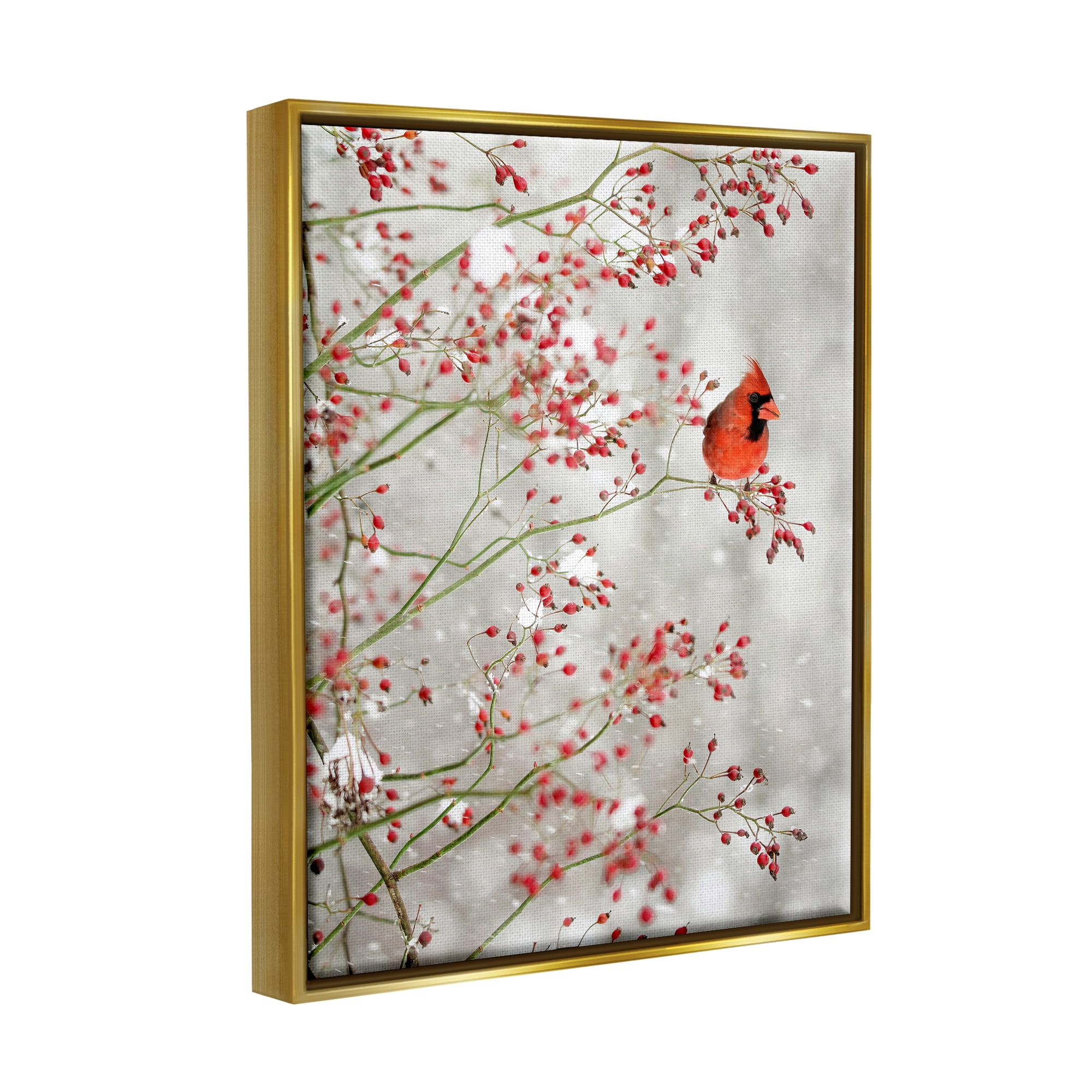 Stupell Industries Cardinal Seasonal Holly Berries Animals & Insects Photography Gold Floater Framed Art Print Wall Art, 17 x 21