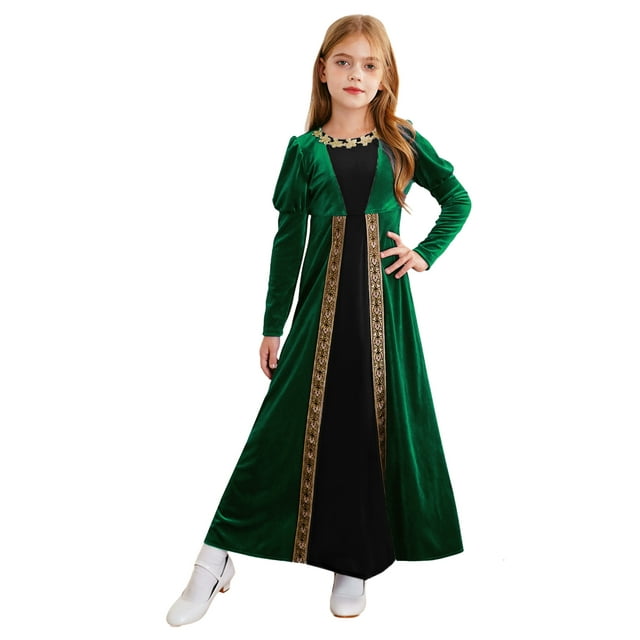 iiniim Enfants Filles Renaissance Médiévale Royauté Princesse Costume Velours Fleurs Dorées à Blocs de Couleur Longue Robe Vert 8
