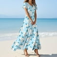 thumbnail image 2 of TQWQT Summer Dresses for Women Short Sleeve Floral Flowy Maxi Dress V Neck Casual Church Dresses Plus Size Wedding Guestes Dress Blue XL, 2 of 5