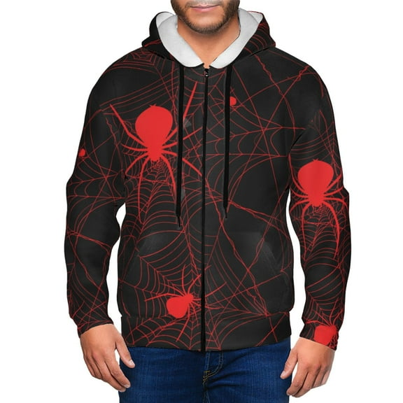 Kdxio Red Spider On The Web Print Men Hoodies Casual Hoodies for Men with Zip Pockets Full Zip Long Sleeve Sweatshirt Sports Hooded Jacket-Small