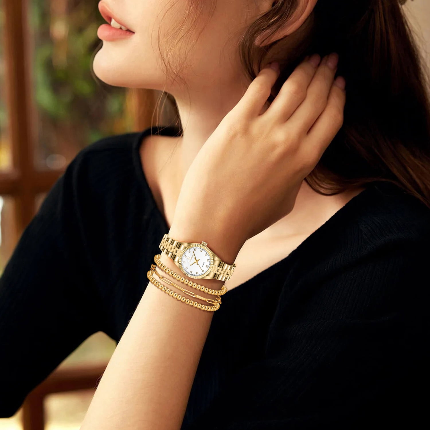 Womens Watch Set, 18K Gold Plated Bangle Bracelets Ring for Women, Dainty Ladies Wrist Watch Waterproof Analog Watch, Gifts for Women - 4PCS