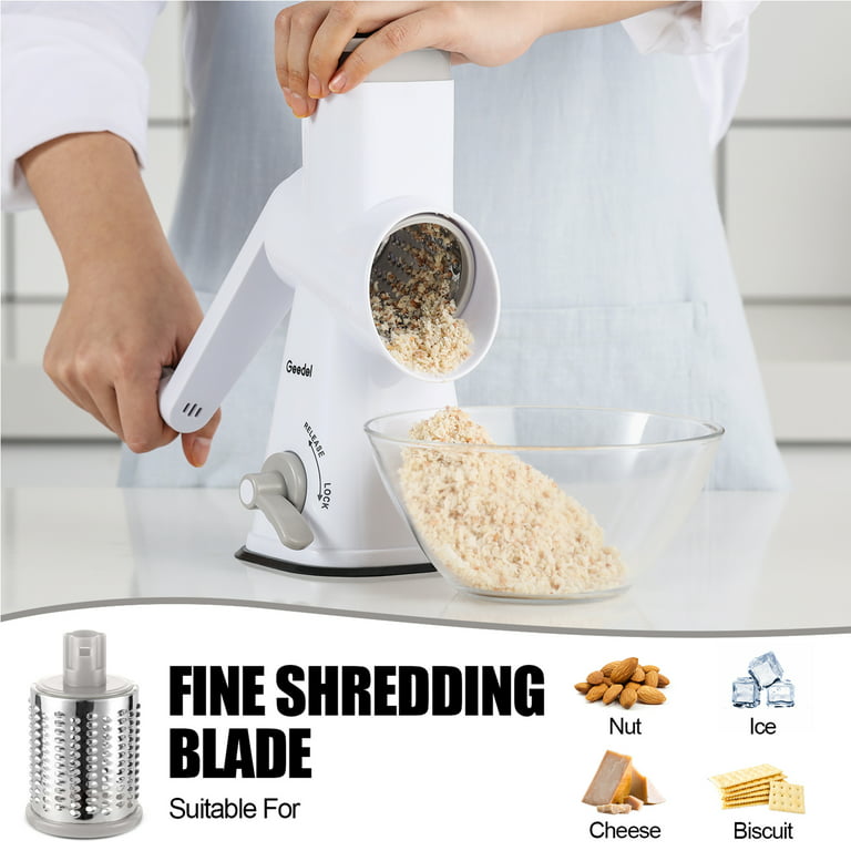 Ktinnead Rotary Cheese Grater Manual Cheese Grater with Handle 3  Interchangeable Stainless Steel Blades Cheese Shredder Strong Suction Base  Cheese