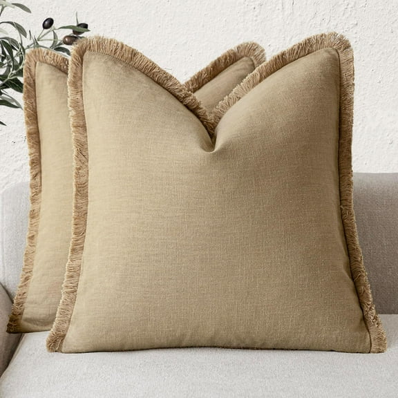 Set of 2 Decorative Linen Fringe Throw Pillow Covers Farmhouse Cushion Cover with Tassels Soft Accent Pillowcase for Couch Chair Sofa Bed Living Room Home Decor,18×18 Inch,Light Khaki Taupe