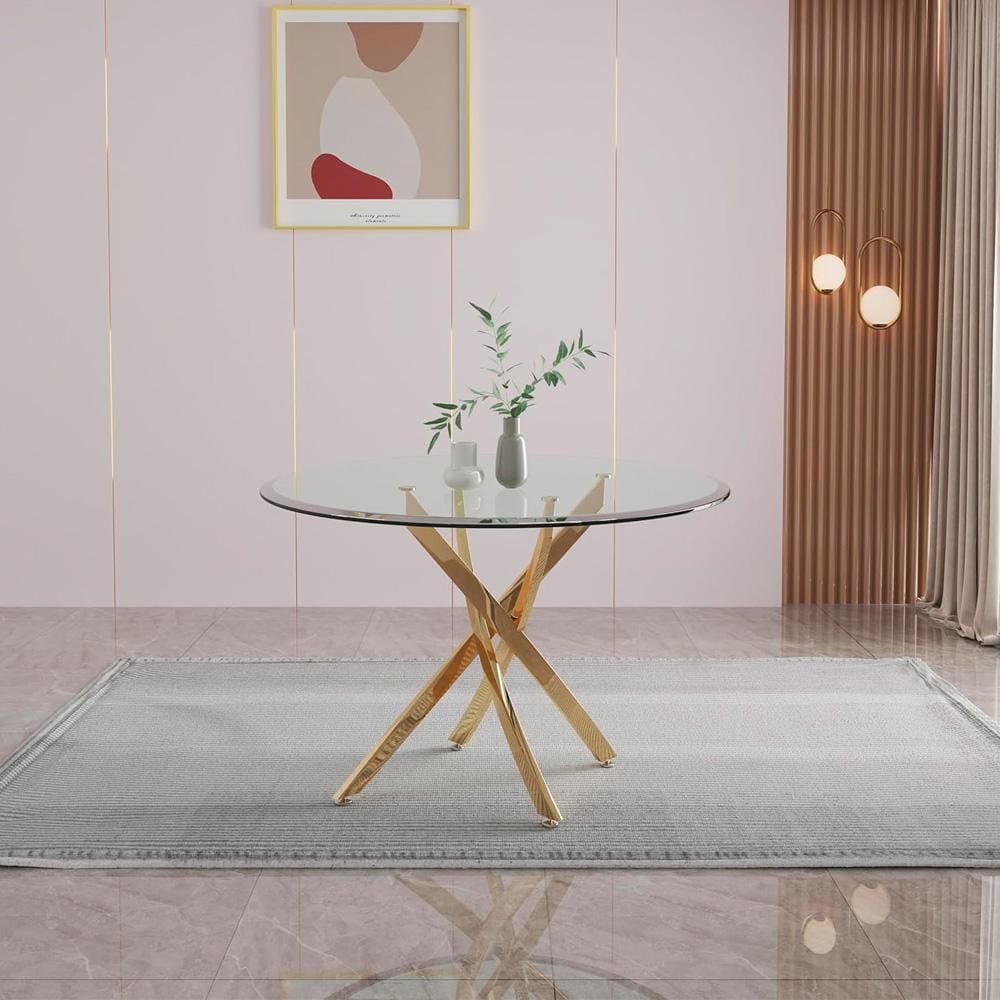Heavenly Collection Table à Manger Ronde en Verre avec Pieds Or pour Cuisine et Salle à Manger, 48"
