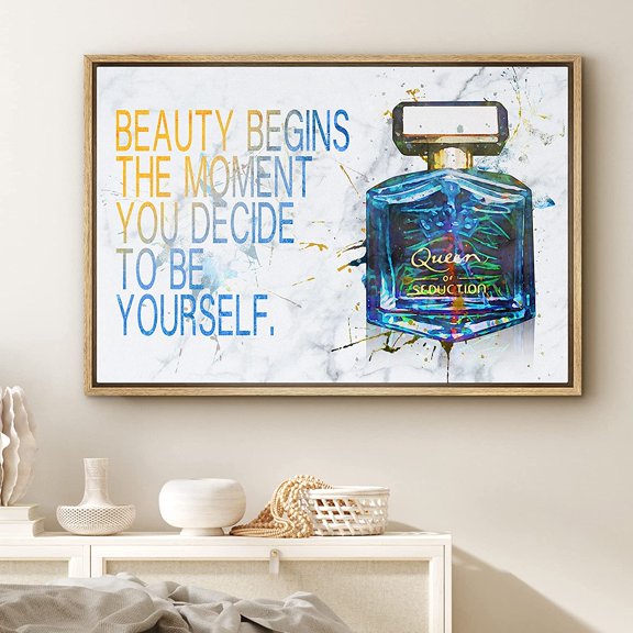 PixonSign Framed Canvas Print Wall Art Blue Perfume with Motivational Phrase Inspirational Mother's Day Watercolor Modern Art Colorful Multicolor for Living Room, Bedroom, Office - 16"x24" Natural
