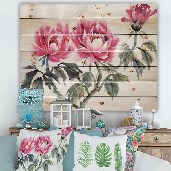 Designart 'Ancient Purple Peonies Branch' Traditional Print on Natural Pine Wood