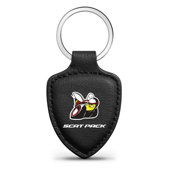 iPick Image for Dodge Scat-Pack Full Color Soft Real Black Leather Shield-Style Key Chain, Official Licensed
