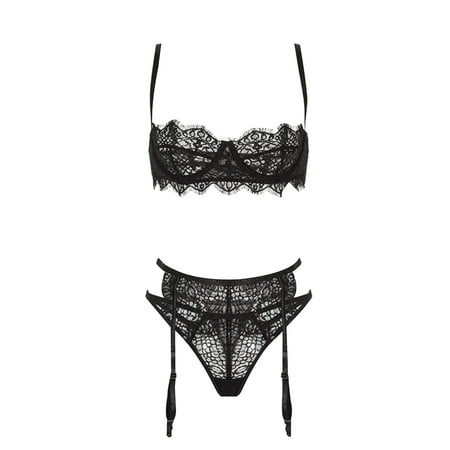 

Kiapeise Women Nightwear See-Through Lingerie Steel Wire Floral Hollow Bra Mesh T-Back Flouncing Stocking Strap Waistband