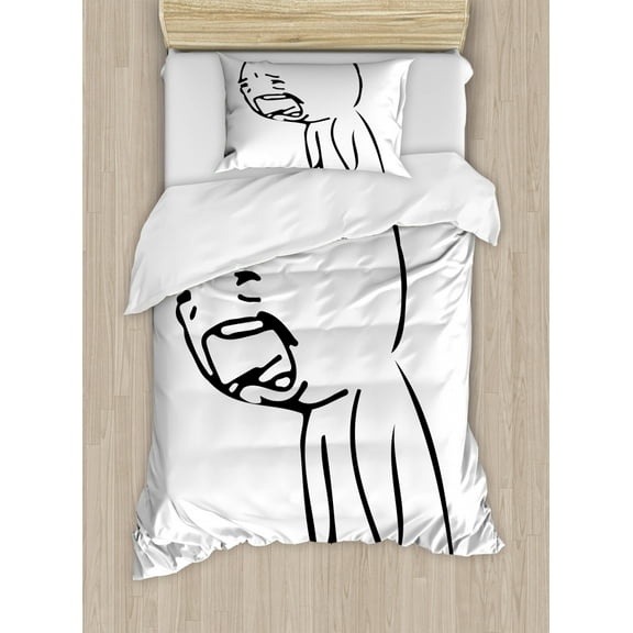 Humor Decor Twin Size Duvet Cover Set, Sad Guy Upset Crying Popular Rage Comic Generator Style Online Emoji Print, Decorative 2 Piece Bedding Set with 1 Pillow Sham, Black White, by Ambesonne