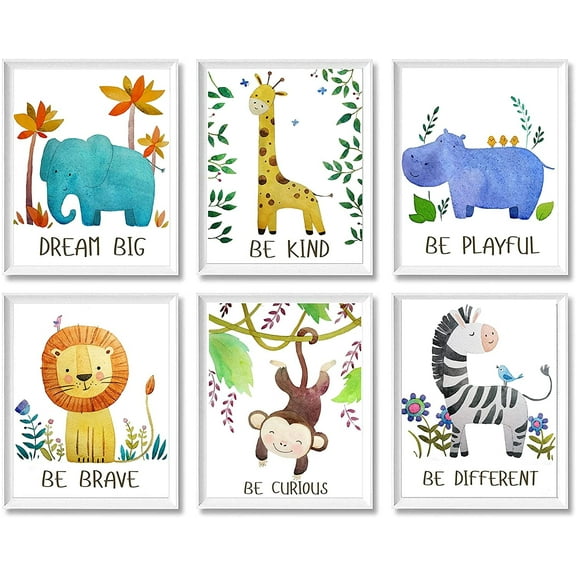 Baby Nursery Decor,Nursery Wall Decor for Baby Room,Jungle Safari Animal Unframed Wall Art -Set of 6 Posters 8x10,Lion, Giraffe, Zebra, Hippo with Inspirational Quotes for Boy Girl Toddler Kids