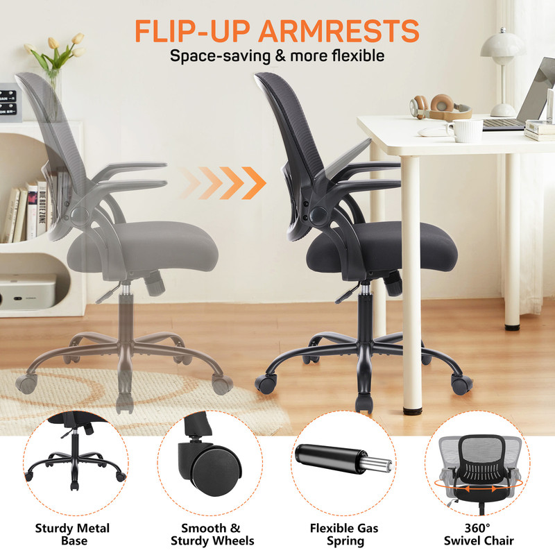 Office Desk Chair, Ergonomic Mid-Back Mesh Chair with Wheels, Comfy Lumbar Support with Flip-up Arms for Home office, Gaming, Study, Black