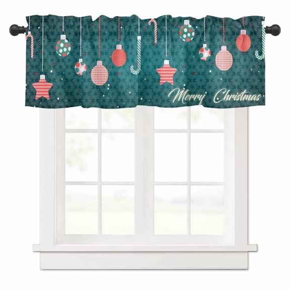 Merry Christmas Valances for Windows Decorative Balls Candy Stars Green Texture Rod Pocket Curtain Valance Window Treatment Short Curtains for Kitchen Living Room, 60"x14"