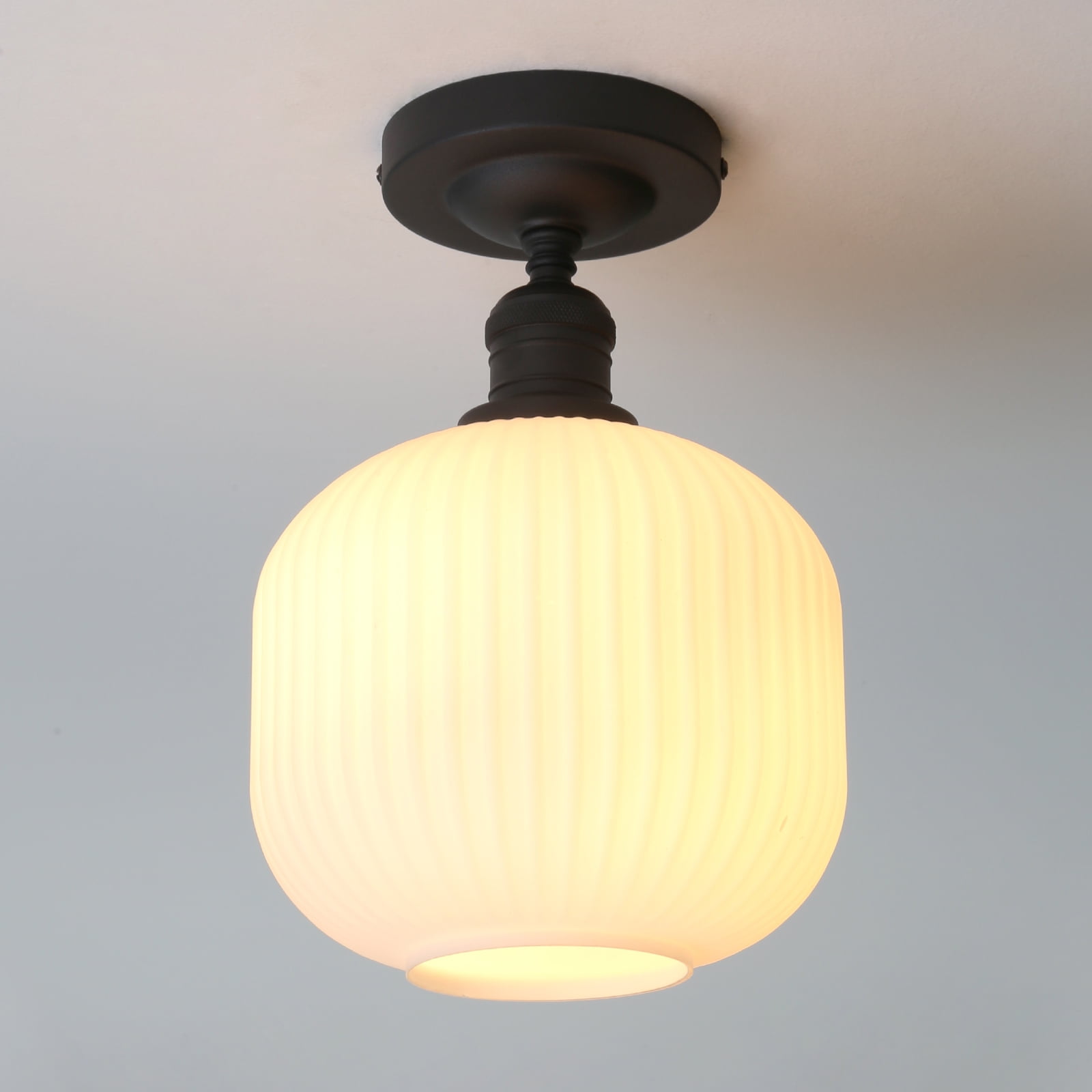 Pathson Industrial Semi Flush Mount Ceiling Light, Milky White Ribbed Glass Close to Ceiling Light for Living Room Dinning Room Kitchen Porch