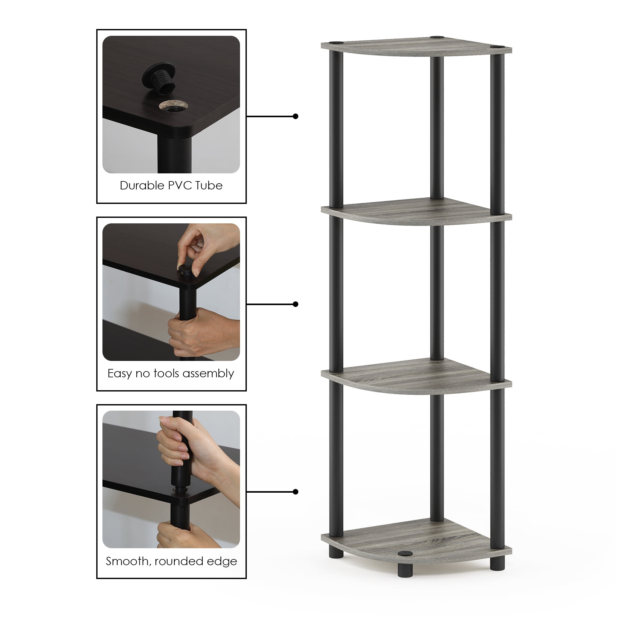 Furinno Turn-N-Tube 4-Tier Corner Display Rack Multipurpose Shelving Unit, French Oak Grey/Black