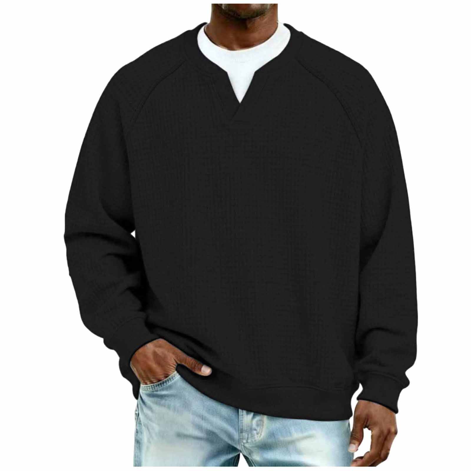 VSSSJ Baggy Sweatshirt for Men Waffle V Neck Casual Long Sleeve Pullover Tops Raglan Sleeve Lightweight Loose Sweatshirts Tops Black L