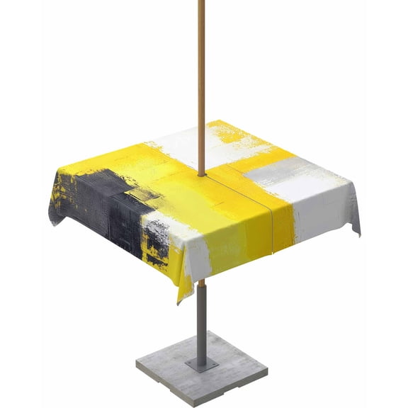 Fsddascl Yellow Gray Outdoor Tablecloth - 54x54 Inch Square Dining Table Cover, Oil Painting Abstract Modern Geometric Waterproof Outdoor Table Cloth with Umbrella Hole & Zipper for Picnic/Patio