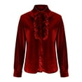 thumbnail image 4 of Lenpel Velvet Tops for Women Vintage Long Sleeve Collared Ruffle Trim Button down Shirts Dressy Casual Velour Blouses(Red,X-Large), 4 of 6