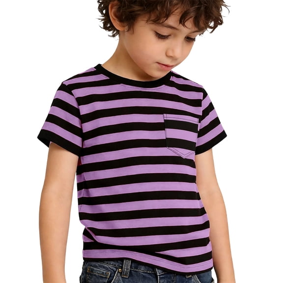 SUYIDA Stylish Striped Short Sleeve Tee With Chest Pocket For Boys And Girls Comfortable Casual And Play Wear Purple,2-3 Years