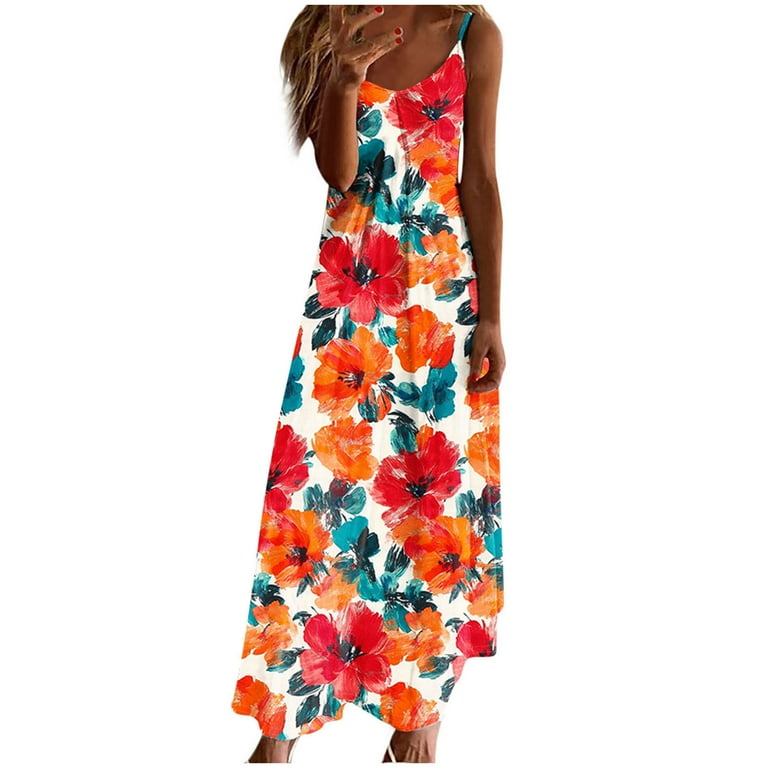 Cagogo Summer Flowy Swing A Line Maxi Long Floral Sun Dress for Women Petite  Dresses Plus Size Spaghetti Straps Sleeveless V Neck Sexy Going Out White  Dresses Clothes