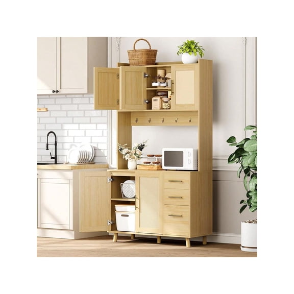 71" Rattan Kitchen Pantry Storage Cabinet, Freestanding Buffet Cabinet With Microwave Stand, 3 Drawers, Adjustable Shelves And 6 Hooks, Kitchen Hutch Freestanding Cupboard For Dining Room