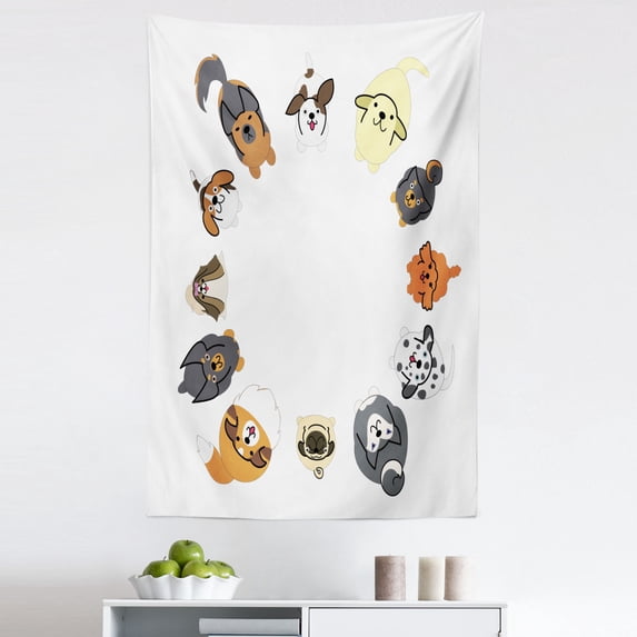 Dog Tapestry, Various Different Dogs in Cartoon Style Looking up in Circle Characters, Fabric Wall Hanging Decor for Bedroom Living Room Dorm, 5 Sizes, Multicolor, by Ambesonne