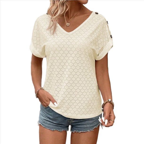 Camiseta con Bordado de Ojales para Mujer, Blusa Informal de Verano con Cuello en V, Blusa Holgada A , Color Albaricoque L