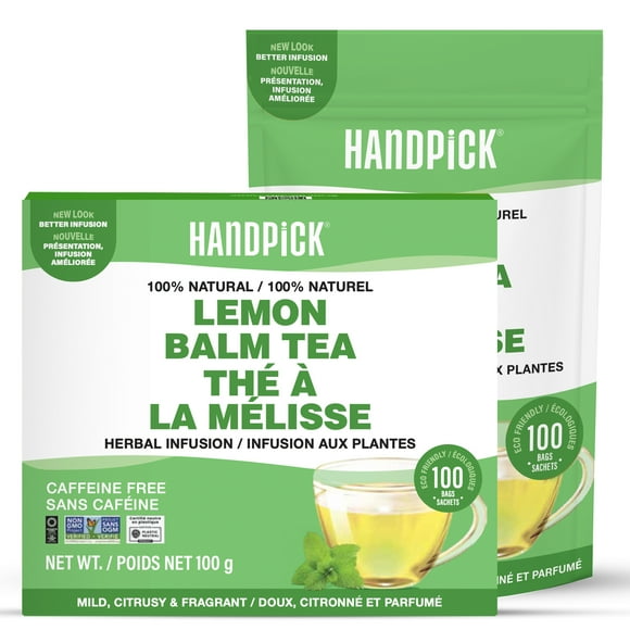 HANDPICK, Lemon Balm Herbal Tea Bags (100 Count) | Refreshing Citrus Flavor & Aroma, Pure Lemon Balm Leaves | Caffeine Free, Non-GMO, Gluten Free