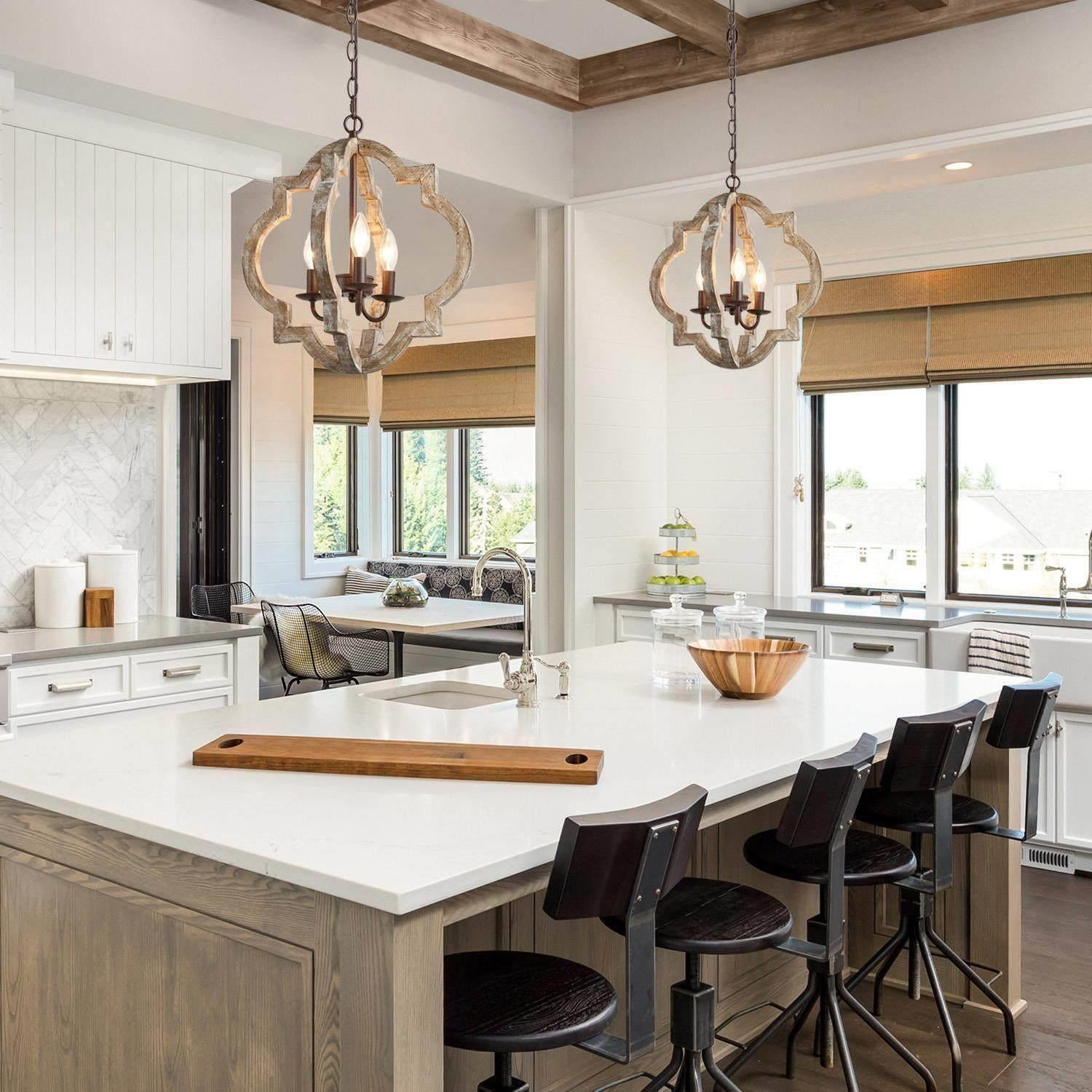 LNC Farmhouse Rustic Chandeliers 3-Lights Adjustable Height Wood Vintage Pendant Lighting Island Fixture Indoor Lighting for Kitchen, Bedroom, Dining ...