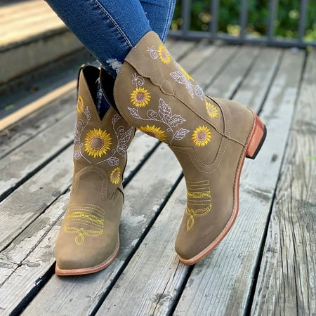 

Ankle Boots Toe Fashion Heel Size Embroidered Women s Round Short Thick Plus Boots Boots Women s Boots
