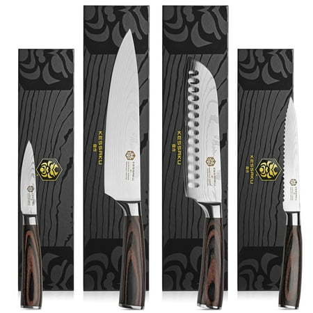 Kessaku 4 Knife Set - Samurai Series - Japanese Etched Damascus High Carbon Steel - 8in Chef, 7in  Santoku, 5.5in Utility, 3.5in