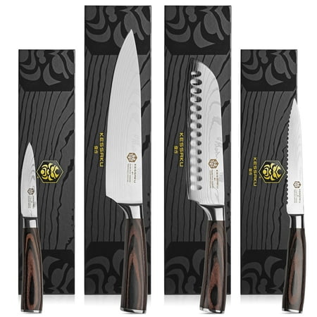 5.5 Inch Serrated Utility Knife - Kessaku 4 Knife Set - Samurai Series - Japanese Etched High Carbon Steel - 8-Inch Chef, 7-Inch Santoku, 5.5-Inch Utility, 3.5-Inch Paring