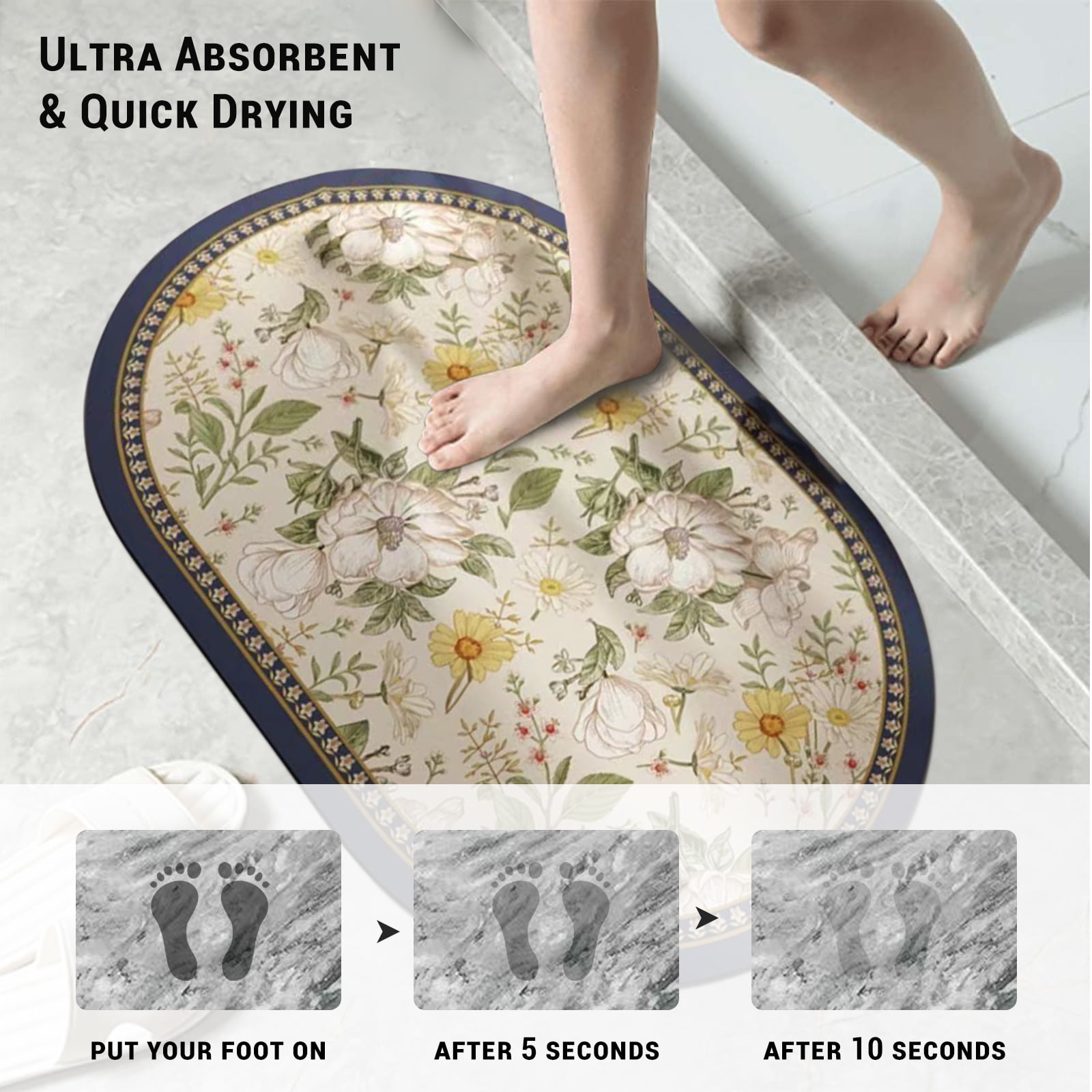 Gogreen Bath Mat - Bathroom Mat Rug Non Slip Super Absorbent Stain Resistant Quick Dry Thin Bathroom Rug-Bath Mats for Bathroom Floor Bathtub Vanity-Bathmat Bath Rug Easy Care (White Flower, 20"x32")