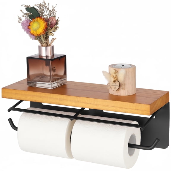 Toilet Paper Holder with Wood Shelf, Wall Mounted Double Tissue Roll Holder with Wooden Shelf and Matte Black Metal Frame, Bathroom Toilet Paper Holder for Washroom Restroom Kitchen