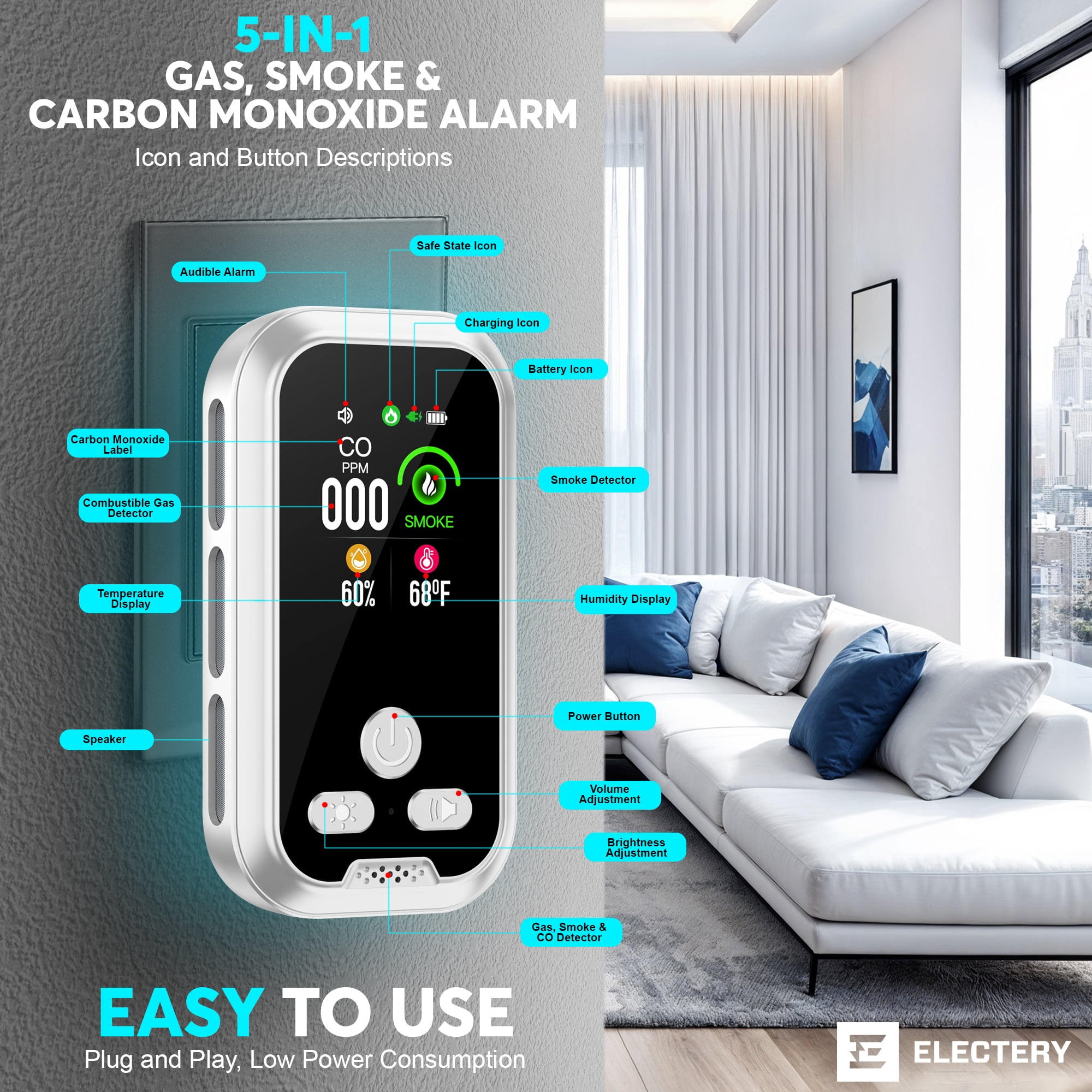 5 in 1 Smart Indoor Air Quality Monitor with Temperature &amp; Humidity, Multi-Gas Sensor, Real-Time Display for Home, RV &amp; Travel