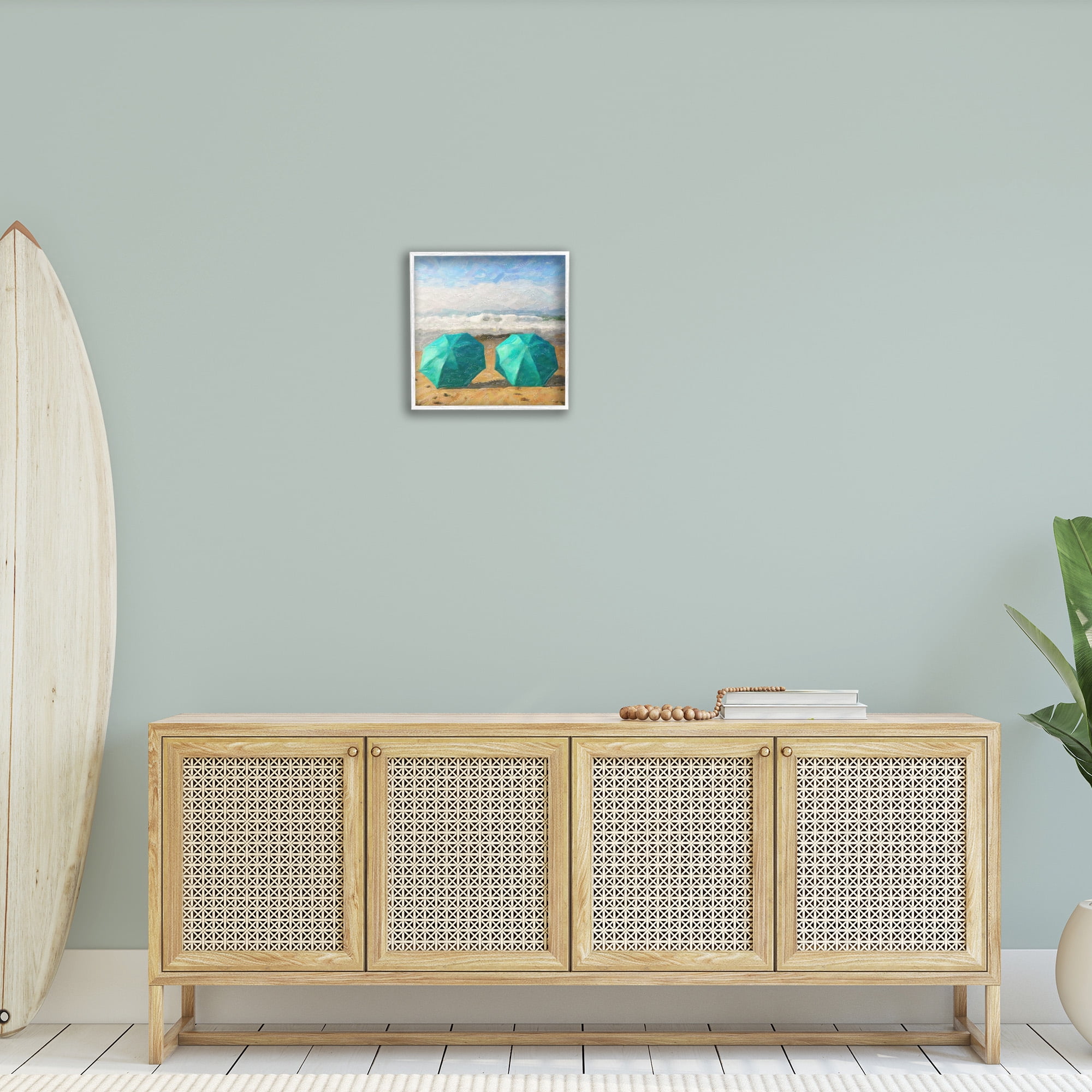 Stupell Industries Beach Umbrella Duo Landscape Painting White Framed Art Print Wall Art, 17 x 17