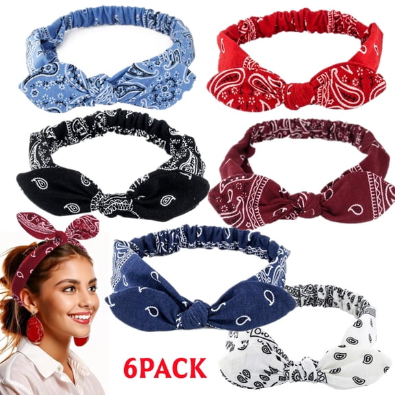6 Pack Elastic Paisley Bandana Knot Headbands Rabbit Ear Bow Headband Turban Headwraps Hair Band for Women Girls