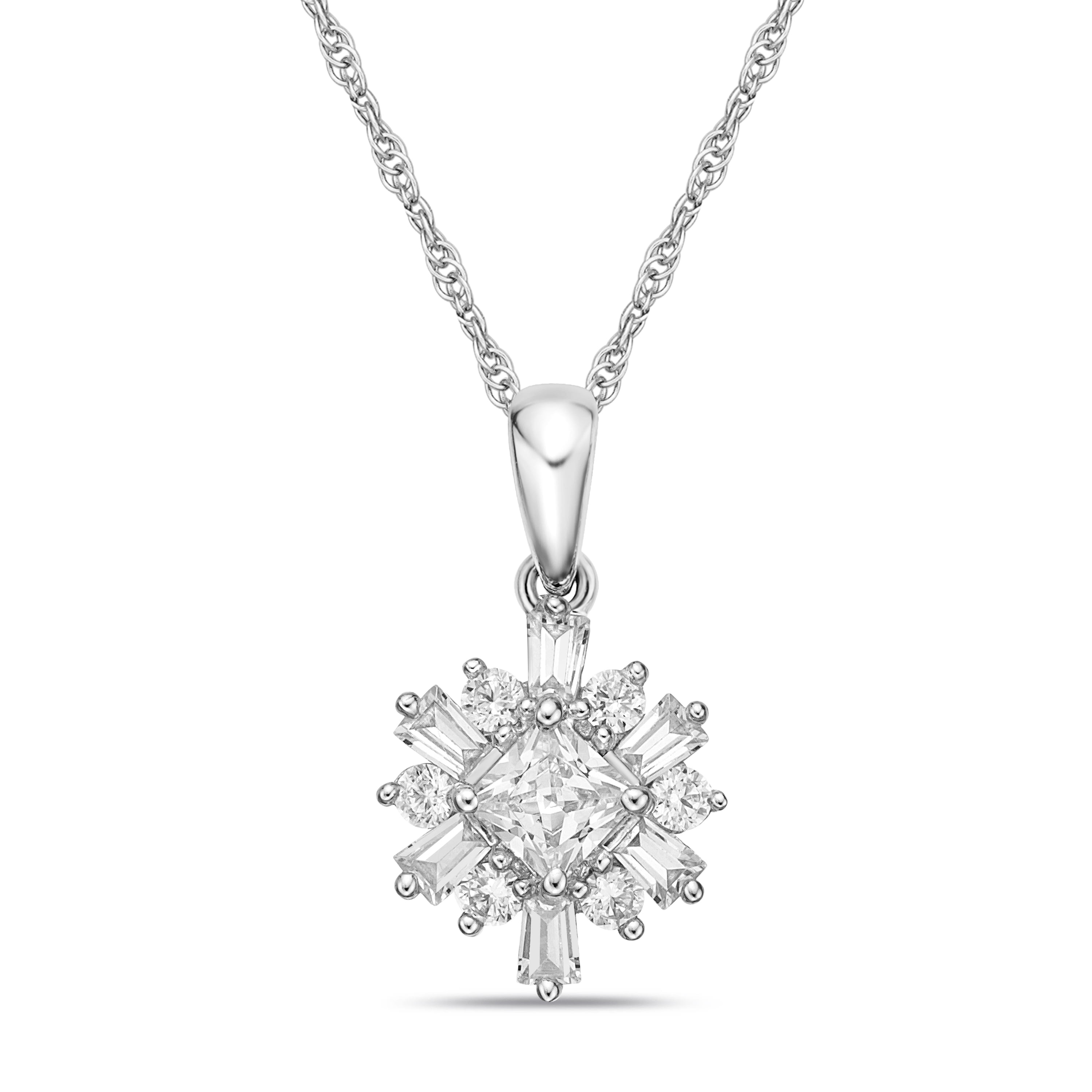 Sterling Silver Simulated Diamond princess cut with baguettes Pendant with Chain, 18"