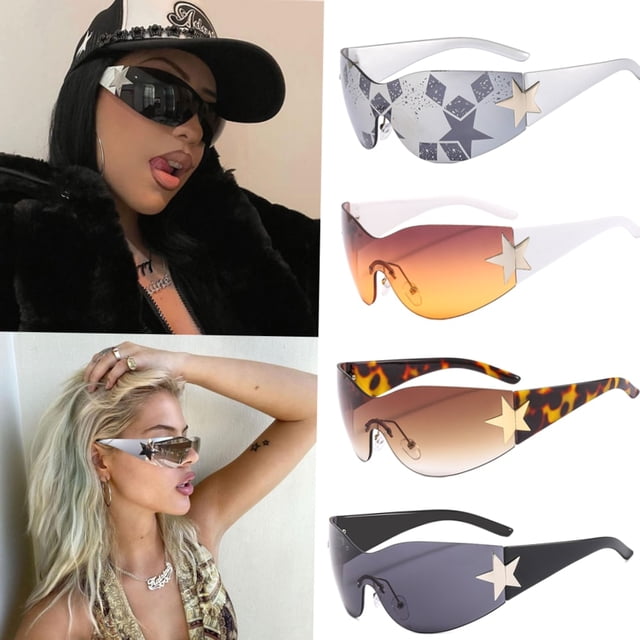 Typpkmm Star Oversized Wrap Around Sunglasses Rimless Y2k Sunglasses Women Men Punk One Piece Goggles Sports Sun Glass Shades Eyewear