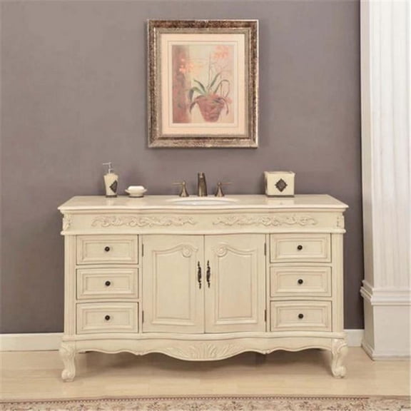 Silkroad Exclusive Traditional Cream Marfil Marble Bathroom Vanity- Single Sink - 60 in. Wide
