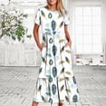 thumbnail image 2 of Penkiiy Robe à Manches Courtes Imprimé Plumes pour Femmes Robe Longue Ample Décontractée d'Été Fluide à Volants avec Poches m Blanc, 2 of 6
