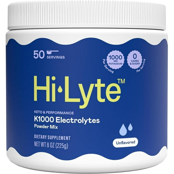 Hi-Lyte Keto K1000 Electrolyte Powder | Unflavored | Hydration Supplement Drink Mix | Boost Energy & Beat Leg Cramps | No Maltodextrin or Sugar | 50 Servings