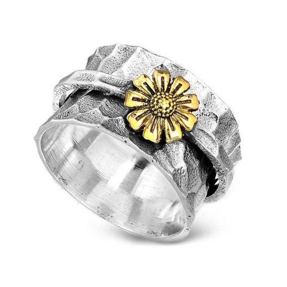 Womens Rotating Ring Silver Daisy Floral Design Alloy Electroplated Finish Adjustable for Sizes 7 8 9 10 and 11 Fashion Jewelry