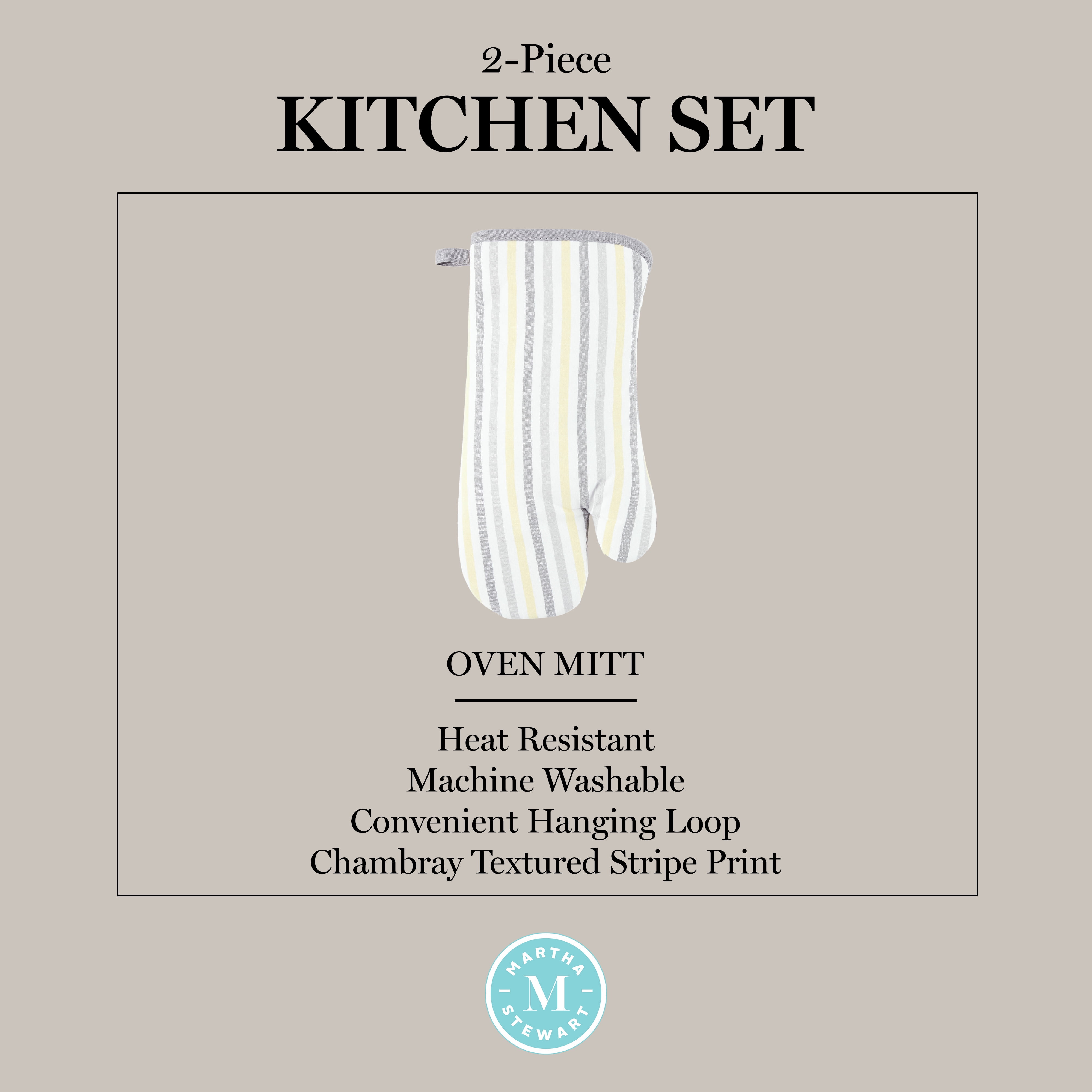 Martha Stewart Daisy Stripe Oven Mitt Set 2-Pack, Grey/Yellow, 7"x13"